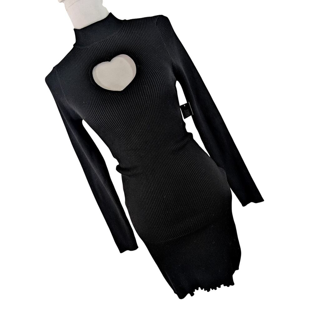 NWT! DEREK HEART! LUXE BLACK STRETCH KNIT, HEART CUTAWAY CHEST, L/S DRESS! SZ L